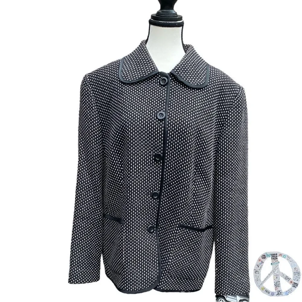 𝅺GERRY WEBER, vintage,BLACK & WHITE WOVEN PETER PAN COLLAR LINED BLAZER.SIZE 14 - Picture 8 of 11